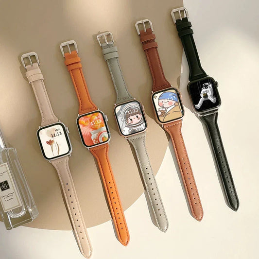 Slim leather strap for Apple Watch band 49mm series 7 8 9 41mm/45mm 38mm/42mm Wrist bracelet iWatch SE 6 5 4 3 40mm/44mm ultra-2